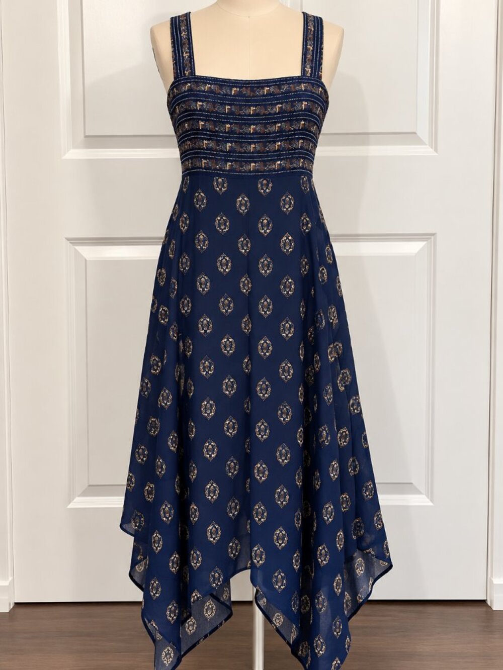 Navy Blue Boho Medallion Print Handkerchief Hem Maxi Dress